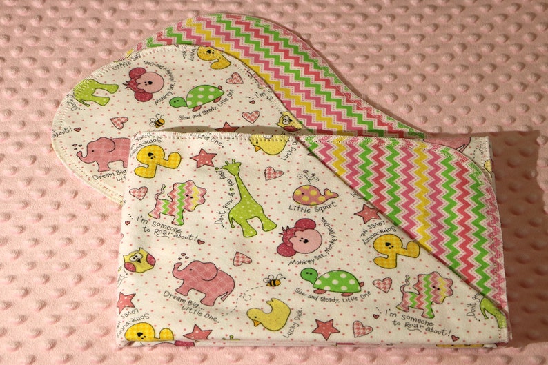 Little Ones Too Pink with Coordinating Fabric on Reverse Side Hemstitched Flannel Baby Blanket and 2 Burp Cloths Kit