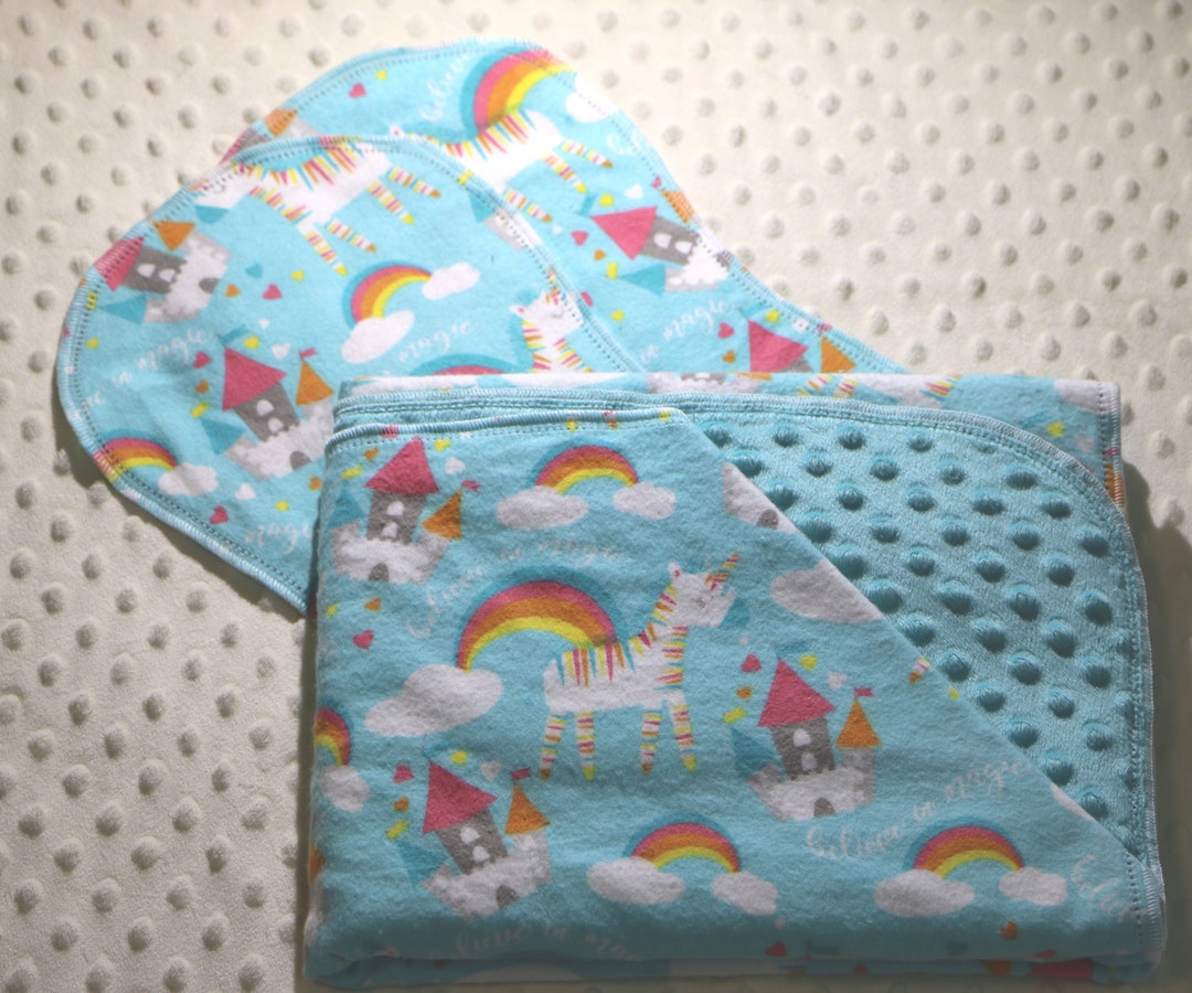 Hemstitch Flannel and Minky Baby Blanket and 2 Burp Cloths Kit Magical