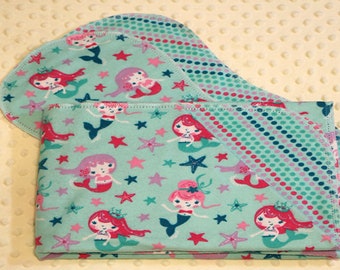 Hemstitched Flannel Baby Blanket and 2 Burp Cloths Kit Mermaid Kisses Starfish Wishes with Coordinating Fabric on Reverse Side