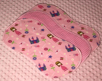 Hemstitched Flannel 3 Piece Burp Cloth Kit Princess and Castles Pink With Coordinating Fabric on Reverse