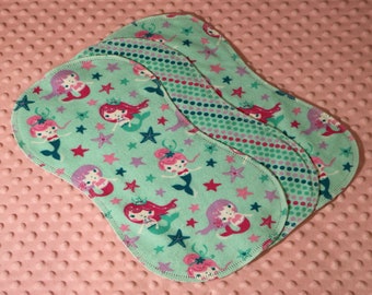 Hemstitched Flannel 3 Piece Burp Cloth Kit Mermaid Wishes Starfish Kisses With Coordinating Fabric on Reverse