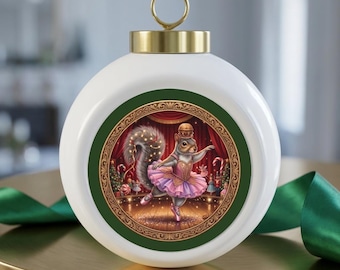 Ceramic Nutcracker Ballerina Squirrel Ornament, Whimsical Holiday Keepsake (Gold Ribbon)