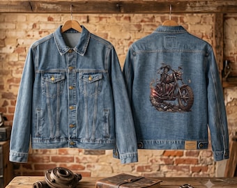 Roadside Rebel Denim Jacket, Skull-Biker Illustration, Relaxed Fit, Cotton Blend