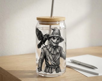 Scarecrow Raven Glass Tumbler | 16oz Halloween Drinkware (Bamboo Lid)