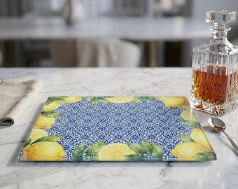 Mediterranean Lemon Glass Cutting Board, Amalfi Majolica Tile Serving Platter
