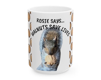 Rosie Squirrel Coffee Mug, Whimsical Walnut Wildlife Photography Ceramic Cup
