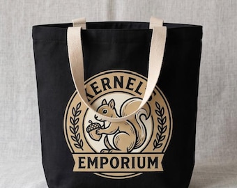 Black Canvas Tote Bag | Vintage Squirrel Emblem, Botanical Book Bag, Farmer's Market Carryall