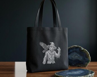 Spooky Scarecrow Canvas Tote Bag | Vintage Autumn Pumpkin Graphic, Dark Academia Carryall