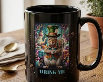 Mad Hatter Squirrel Mug, Alice in Wonderland Tea Party Ceramic Cup, Whimsical Drink Me Cup