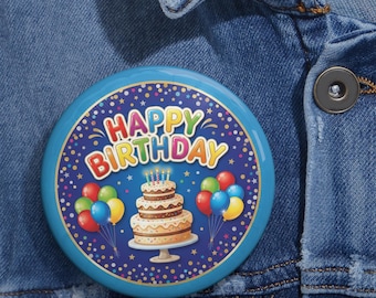 Happy Birthday Pin Button | Festive Cake Balloons Accessory (Assembled in USA)