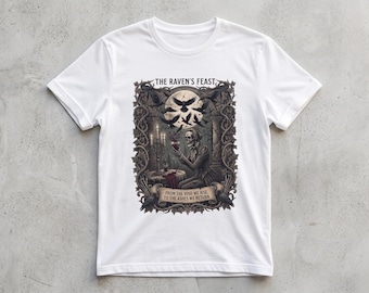 Gothic Raven Feast T-Shirt, Dark Academia Skeleton Tee, Moody Literary Graphic Tee