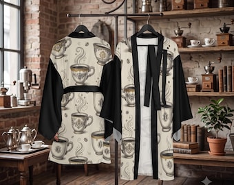 Vintage Coffee Cup Kimono Robe | Antique Espresso Mug Lounge Robe, Morning Routine Loungewear