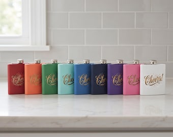 Cheers Stainless Steel Flask | 6oz Powder-Coated Pocket Flask, Festive Script Design