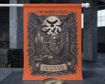 Gothic Raven Feast Banner, Dark Academia Porch Decor, Skeleton Wine Tapestry (12x18 in)