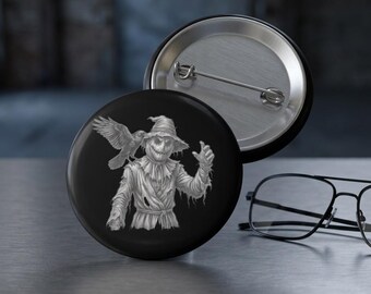 Gothic Scarecrow Raven Button Pin | Dark Academia Lapel Accessory (Mylar Finish)