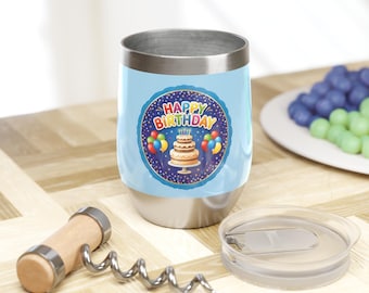 Happy Birthday Wine Tumbler, Insulated Stainless Steel Cup, Vintage Cake Design (12oz)