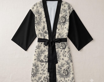 Vintage Squirrel & Acorn Kimono Robe with Belt | Cozy Autumn Nature Dressing Gown