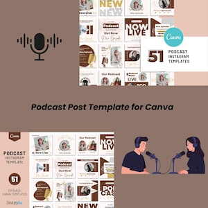 Könnte beinhalten: Werbebild für Podcast-Vorlagen. Das Bild zeigt ein Mikrofon-Symbol, eine Sammlung von Instagram-Post-Vorlagen und Illustrationen von Podcast-Moderatoren. Die Vorlagen sind für die Verwendung mit Canva konzipiert und enthalten den Text "Podcast Instagram Template" und "51 Editable Canva Templates."