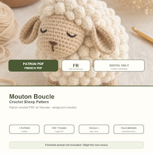 May include: A digital crochet pattern for a sheep named Mouton Boucle, featuring a cream-colored amigurumi sheep with a tan face and embroidered eyes. The document includes 7 pages of instructions in French, labeled as a digital-only PDF file.