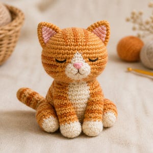 Könnte beinhalten: Eine kleine, handgefertigte Häkel-Katzenfigur mit orangefarbenen Tabby-Streifen, weißer Brust und weißen Pfoten. Die Katze hat geschlossene Augen, eine kleine rosa Nase und hellrosa Innenohren und sitzt in einer ruhigen Position mit eingerolltem Schwanz.