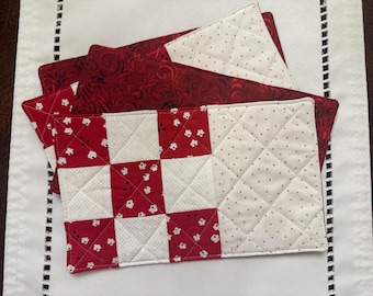 Red and White Patchwork Mug Rug, Snack Mat, Teacher Gift