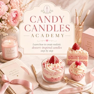 以下が含まれることがあります： Candy Candles Academyのプロモーション画像。テキスト、ガラス瓶に入ったピンクのキャンドル、グラスに入ったイチゴのデザートキャンドル、イチゴのケーキスライスキャンドル、カップケーキキャンドル、ピンクのノート、金色の道具が写っています。