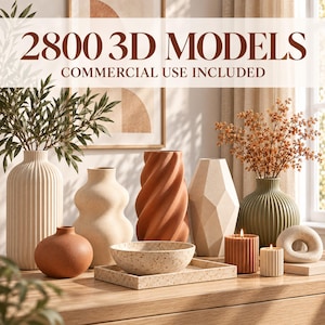 Puede incluir: Una colección de jarrones decorativos de cerámica, un cuenco y velas con el texto 2800 3D MODELS COMMERCIAL USE INCLUDED. Los artículos presentan varias formas, incluyendo diseños acanalados, retorcidos y geométricos en tonos neutros, terracota y verde.