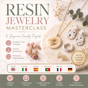 Puede incluir: Una guía digital titulada Resin Jewelry Masterclass con 4 proyectos para principiantes. La imagen muestra un collar de resina con una flor seca, pendientes estilo terrazo, un anillo con patrón de mármol y pendientes dorados en forma de hoja.