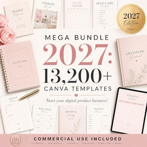 Puede incluir: Una colección de plantillas digitales de planificadores y diarios 2027 en una paleta de colores rosa suave. La imagen muestra varios diseños, incluyendo rastreadores diarios, semanales, mensuales, de bienestar y financieros, con un sello dorado.