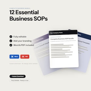 Può includere: Un pacchetto di documenti aziendali digitali con il testo 12 Essential Business SOPs, Fully editable, Add your branding e Word & PDF included. Il grafico mostra tre modelli di documenti impilati con intestazioni.