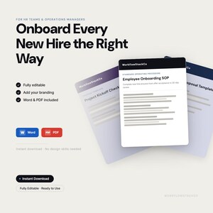 Puede incluir: Un conjunto de plantillas digitales para equipos de RR. HH. y gerentes de operaciones titulado Onboard Every New Hire the Right Way. Incluye un SOP de incorporación de empleados, una lista de verificación y una plantilla.