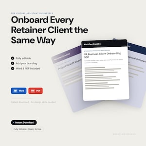 Puede incluir: Un conjunto de plantillas de documentos digitales para empresas de asistencia virtual titulado Onboard Every Retainer Client the Same Way. Incluye un SOP de incorporación de clientes, lista de verificación de proyectos y plantilla de propuesta en Word y PDF.
