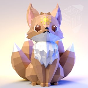 May include: A low-poly papercraft fox figurine with multiple tails, featuring a tan and white geometric design. A yellow sun symbol is printed on the forehead between the ears. The fox has dark brown eyes and a small black nose, constructed from angular, faceted paper planes.
