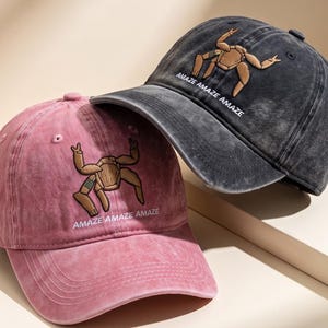 May include: Two baseball caps in pink and charcoal gray with a distressed finish. Each cap features an embroidered tan-colored creature with raised arms and the white text "AMAZE AMAZE AMAZE" stitched below the graphic on the front panel.