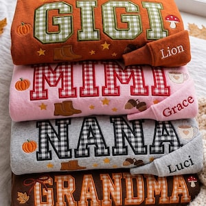 Geborduurd gepersonaliseerd sweatshirt met applicaties voor oma, custom geruite ronde hals, shirt met strik en pompoenprint, herfstcadeau voor oma, Gigi, Mimi, Nana