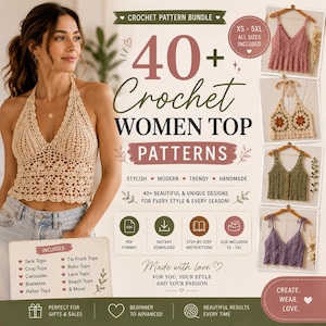 Op de afbeelding: Een haakpatronenbundel met meer dan 40 ontwerpen voor damestops. De afbeelding toont een beige haltertop, vier kleinere voorbeelden in roze, bloemenpatroon, groen en paars, en tekst waaronder '40+ Crochet WOMEN TOP PATTERNS' en 'XS-5XL'.