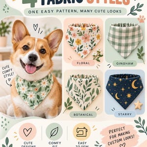 以下が含まれることがあります： 4 FABRIC STYLES ONE EASY PATTERN, MANY CUTE LOOKSと題された裁縫パターンのガイド。緑色のデイジー柄バンダナをつけたコーギーと、花柄、緑のギンガムチェック、植物の葉柄、紺色の星空柄の4種類の生地オプションが掲載されています。