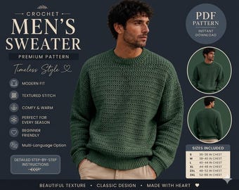 Patrón de suéter de ganchillo texturizado para hombre, jersey extragrande, ideal para principiantes (descarga en PDF)