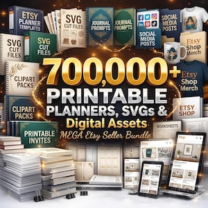 Könnte beinhalten: Eine digitale Sammlung mit über 700.000 druckbaren Planern, SVGs und digitalen Assets. Die Darstellung umfasst verschiedene Ordner, Ringbücher und Bildschirme mit Beschriftungen wie Etsy Planner Templates, SVG Cut Files, Journal Prompts und Social Media Posts.