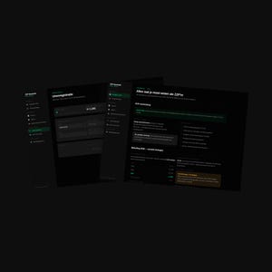 Pode incluir: Uma interface de painel digital exibida em duas telas sobrepostas com tema escuro. A tela esquerda mostra um módulo de rastreamento de tempo rotulado como Urenregistratie, enquanto a direita exibe texto informativo intitulado Alles wat je moet weten als ZZP'er.
