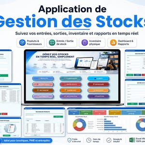 Peut inclure: Une interface logicielle de gestion des stocks affichée sur un écran d'ordinateur portable, présentant divers tableaux de bord, formulaires de saisie et graphiques analytiques en bleu et blanc, avec le texte Application de Gestion des Stocks.