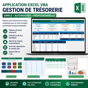 May include: An Excel VBA treasury management application displayed on a laptop screen, featuring a dashboard with financial indicators, cash flow forecasts, and transaction tracking tables. The interface includes various data charts, summary tables, and a main menu with navigation buttons for automated financial reporting and analysis.