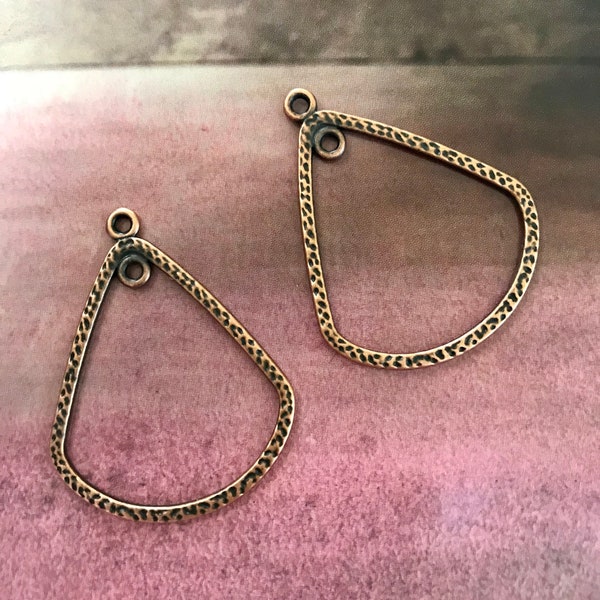 DIY Hammered Antique Copper Tone Earring Components  - One Pair - Jewelry Finding - Teardrop Hoop Findings