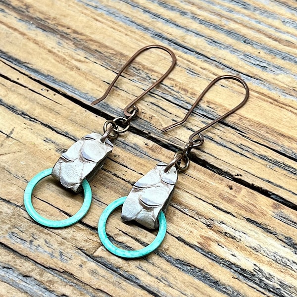 Patina Washer, Ostrich Quill Leather and Copper Dangles - Rustic Handmade Earrings