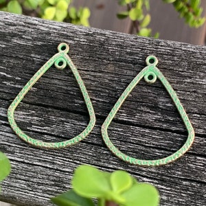 DIY Textured Earring Components  - Green Patina Gold - One Pair - Jewelry Finding - Teardrop Hoop Findings