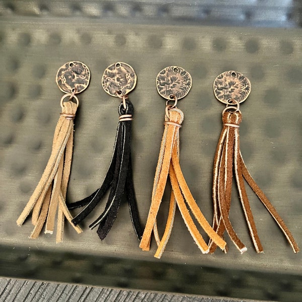 Suede Leather Tassel Pendant with Hammered Antique Copper - Choose Your Color - Boho - Jewelry Findings and Supplies - Components