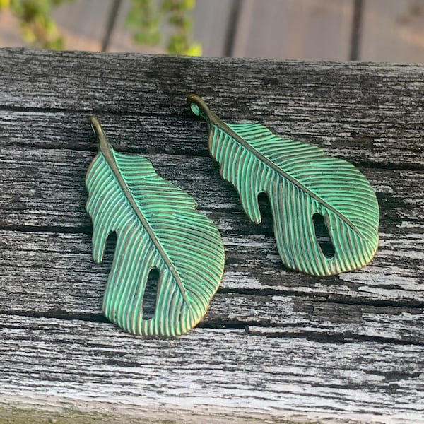 Green Verdigris and Bronze Feather Pendants or Charms - Earring Component - Necklace Pendant - One Pair