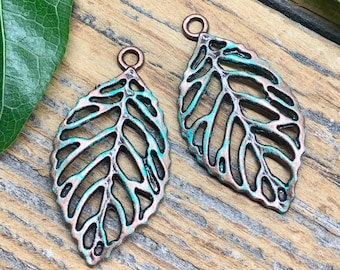 DIY Jewelry - Pair of Hand-Painted Patina Copper Leaves - Jewelry Findings and Supplies - Components