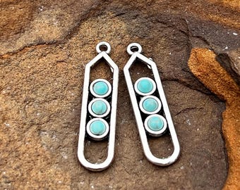 Antique Silver Charms with Turquoise Cabochons: DIY Jewelry Findings - 2 Pieces
