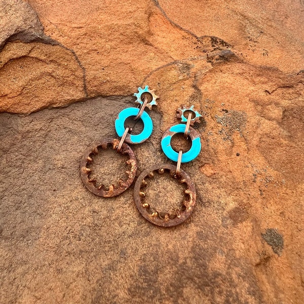 Pair of Turquoise Patina and Brown Oxidized Washer Strands - Connectors - DIY Jewelry Earring Dangles Necklace Bracelet - Cowgirl Chic